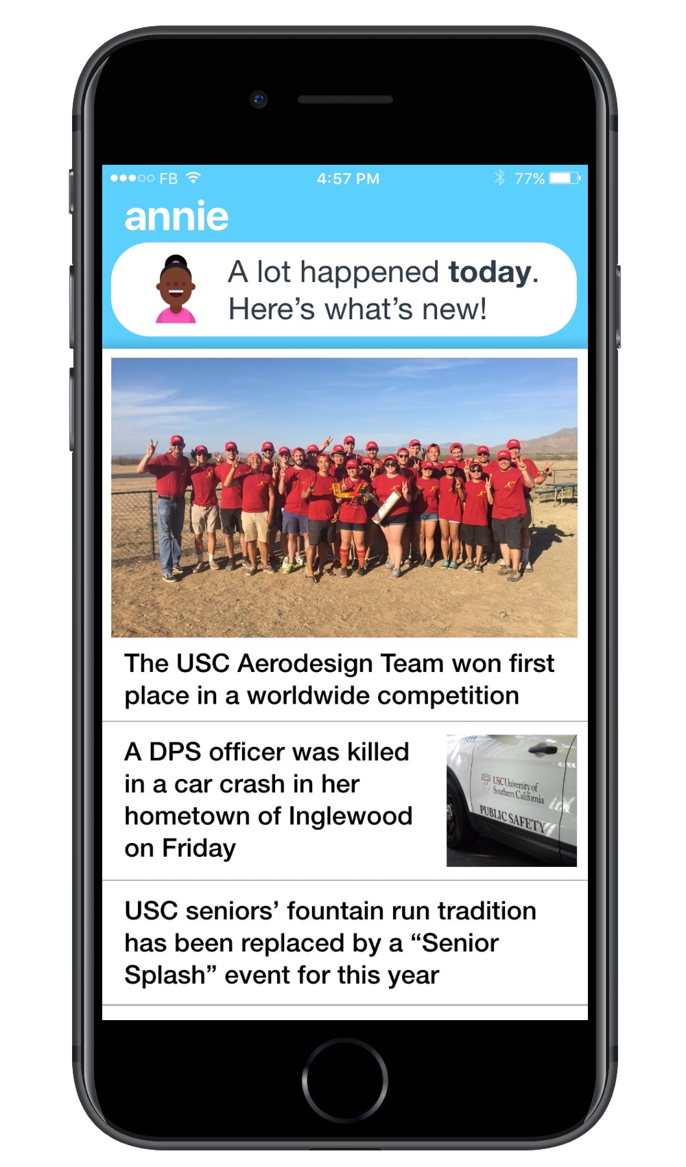 The Annie home screen, showing a few USC news stories.