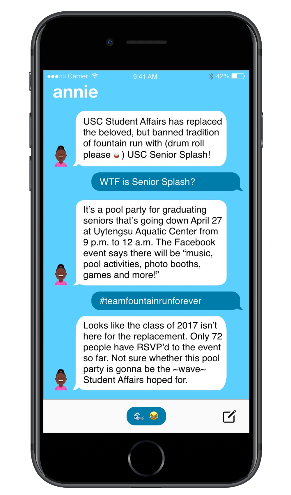 A chat screen in which the user is talking with the Annie bot about USC Senior Splash 2017.