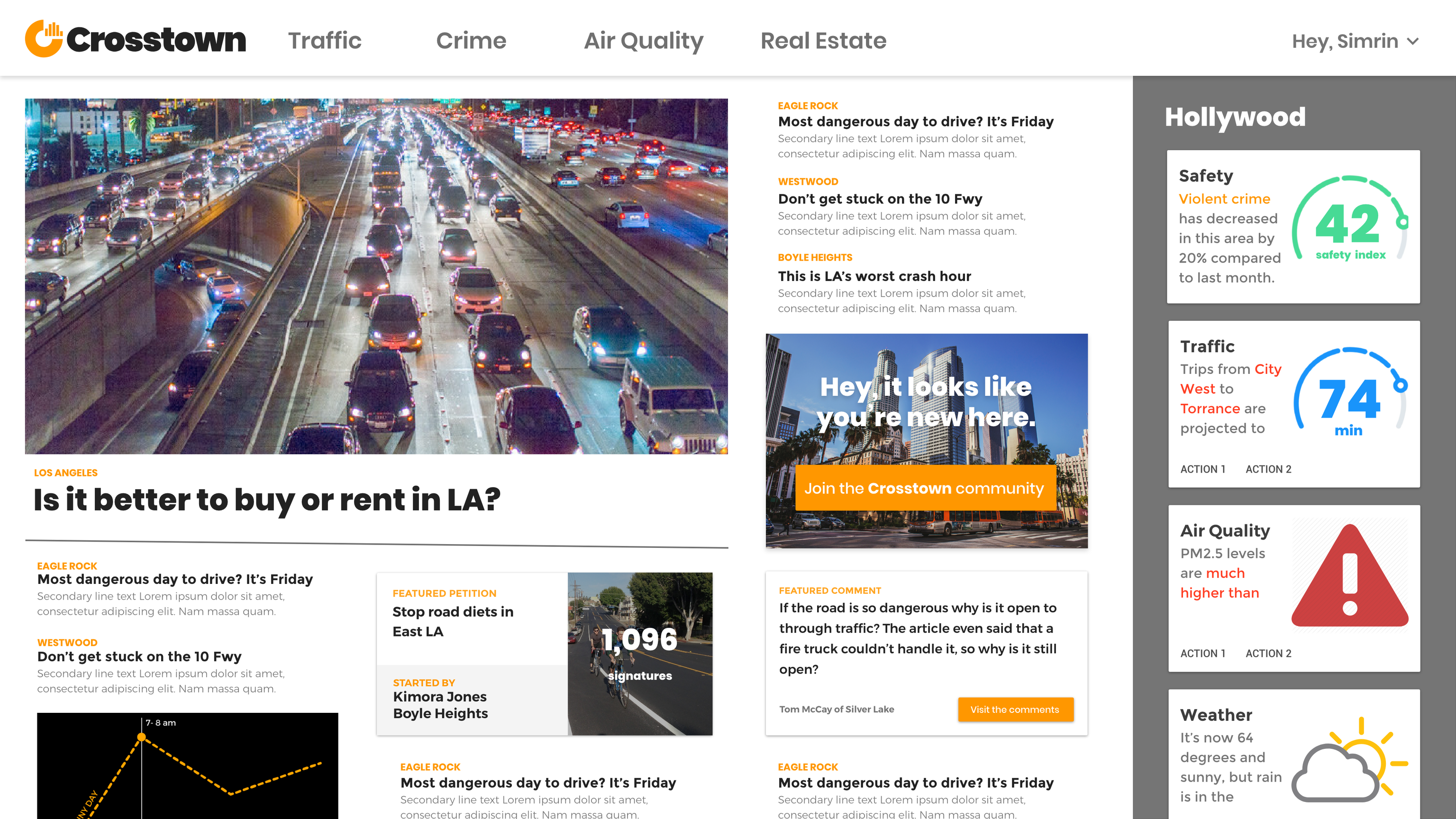 A mockup of the Crosstown homepage, showing several news stories and a column of neighborhood-specific information.