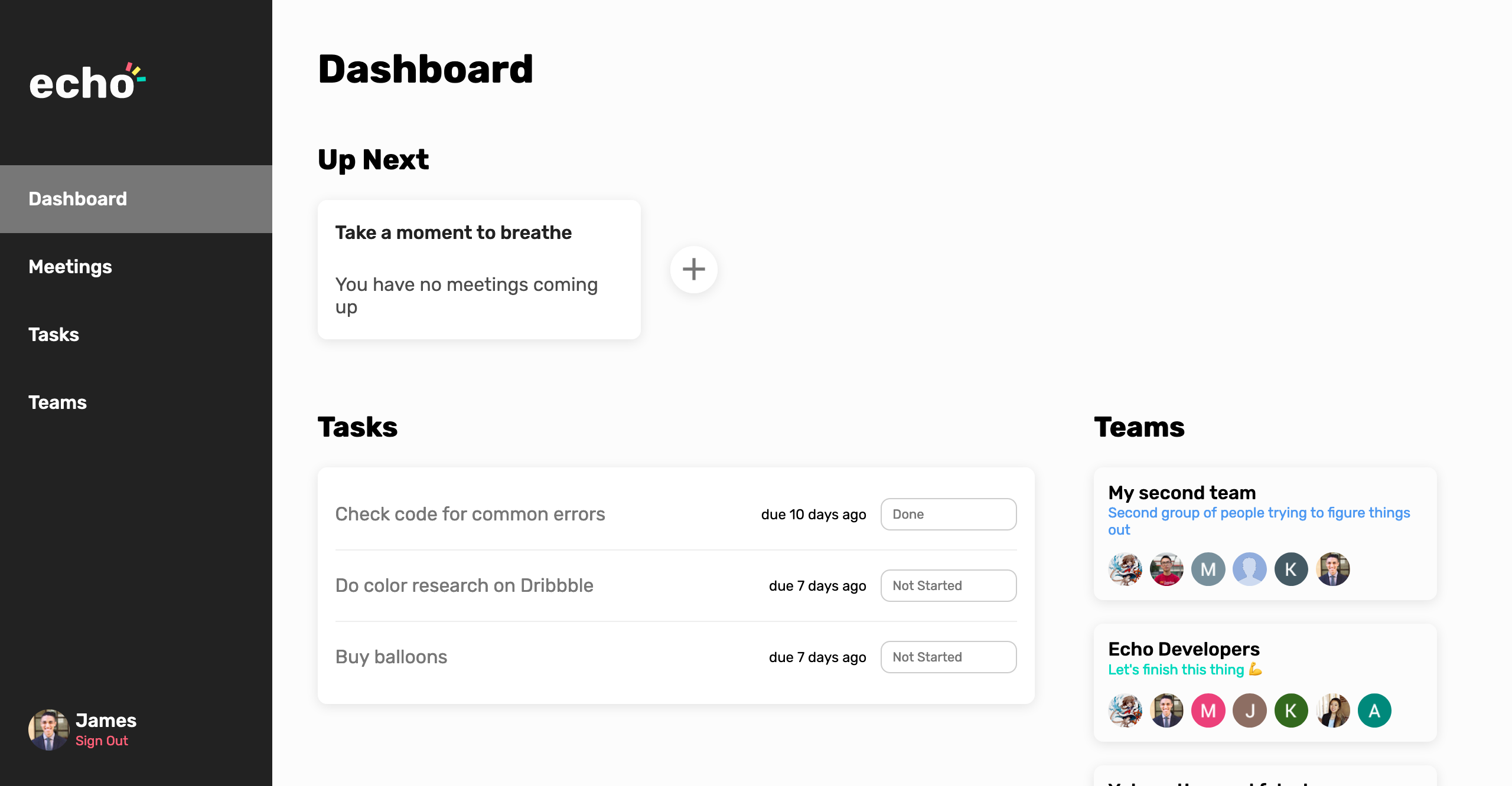 The echo dashboard screen, showing upcoming meetings, pending tasks, and available teams.