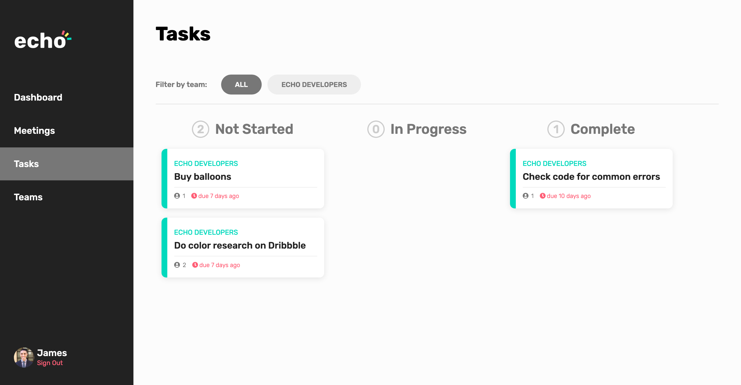 The tasks screen in echo, showing a kanban view of the user’s tasks.