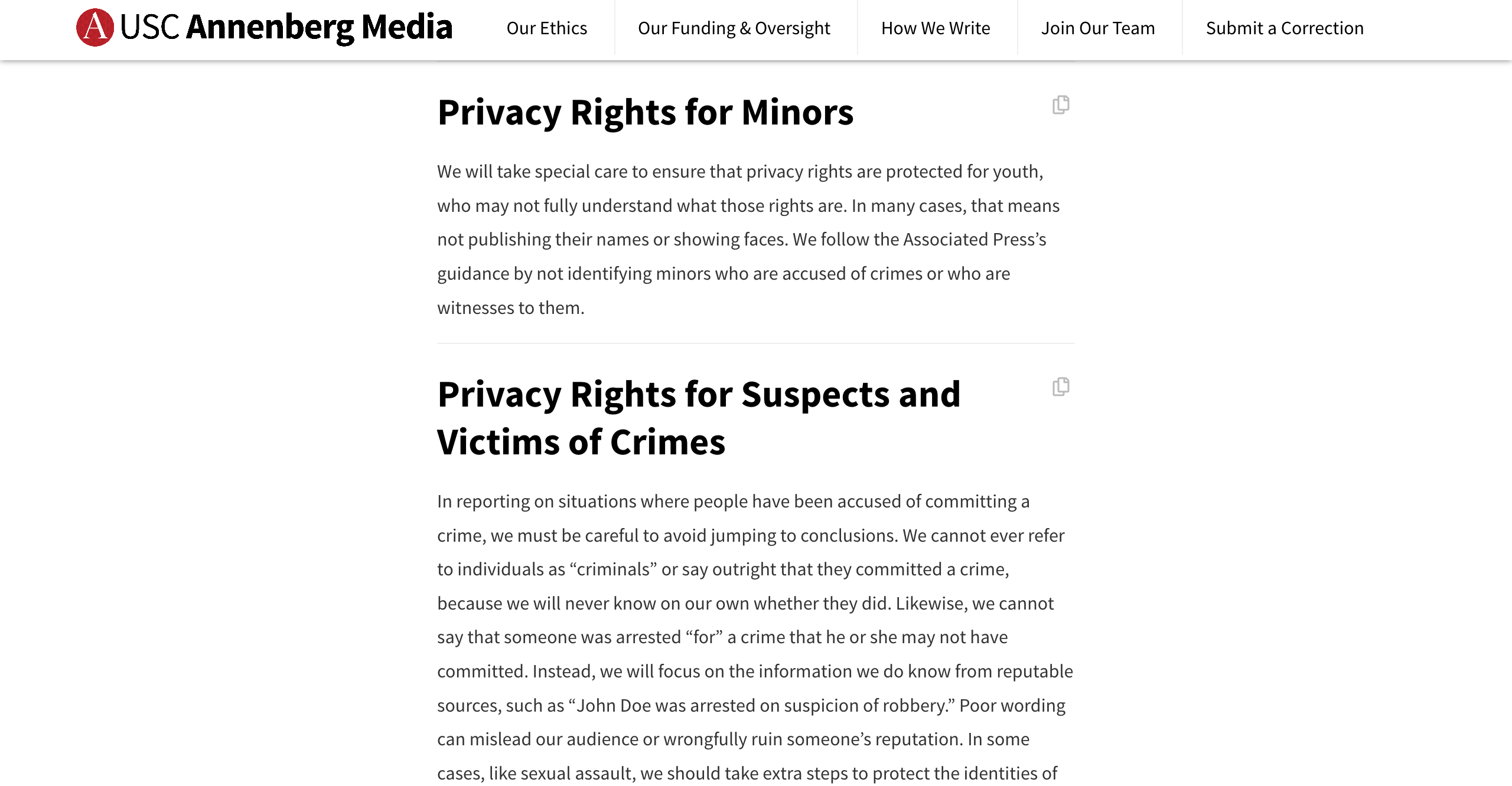 A screenshot of the ethics policies webpage, including the policies on privacy rights.