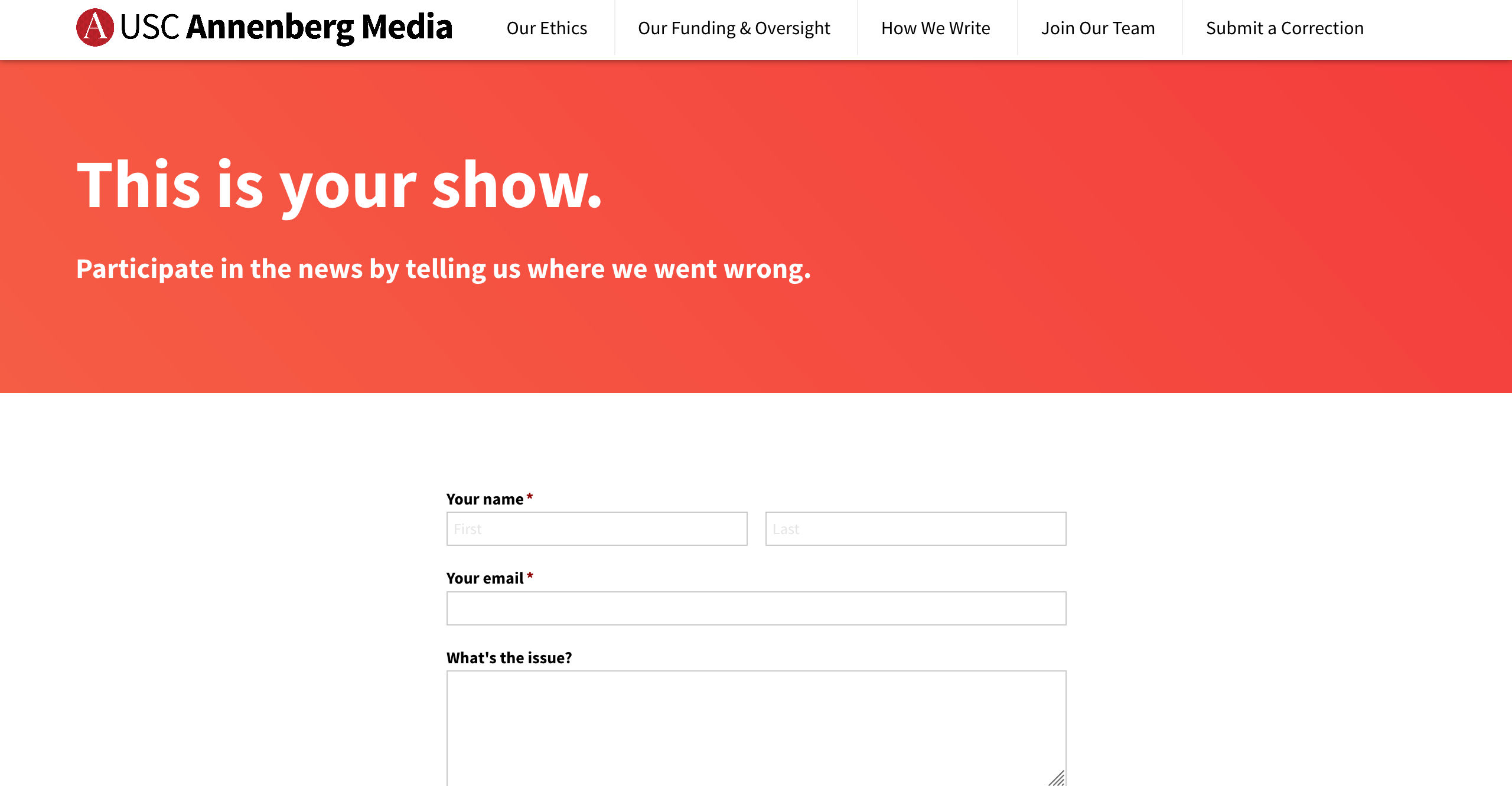 A screenshot of a webpage where users can submit a correction to Annenberg Media.