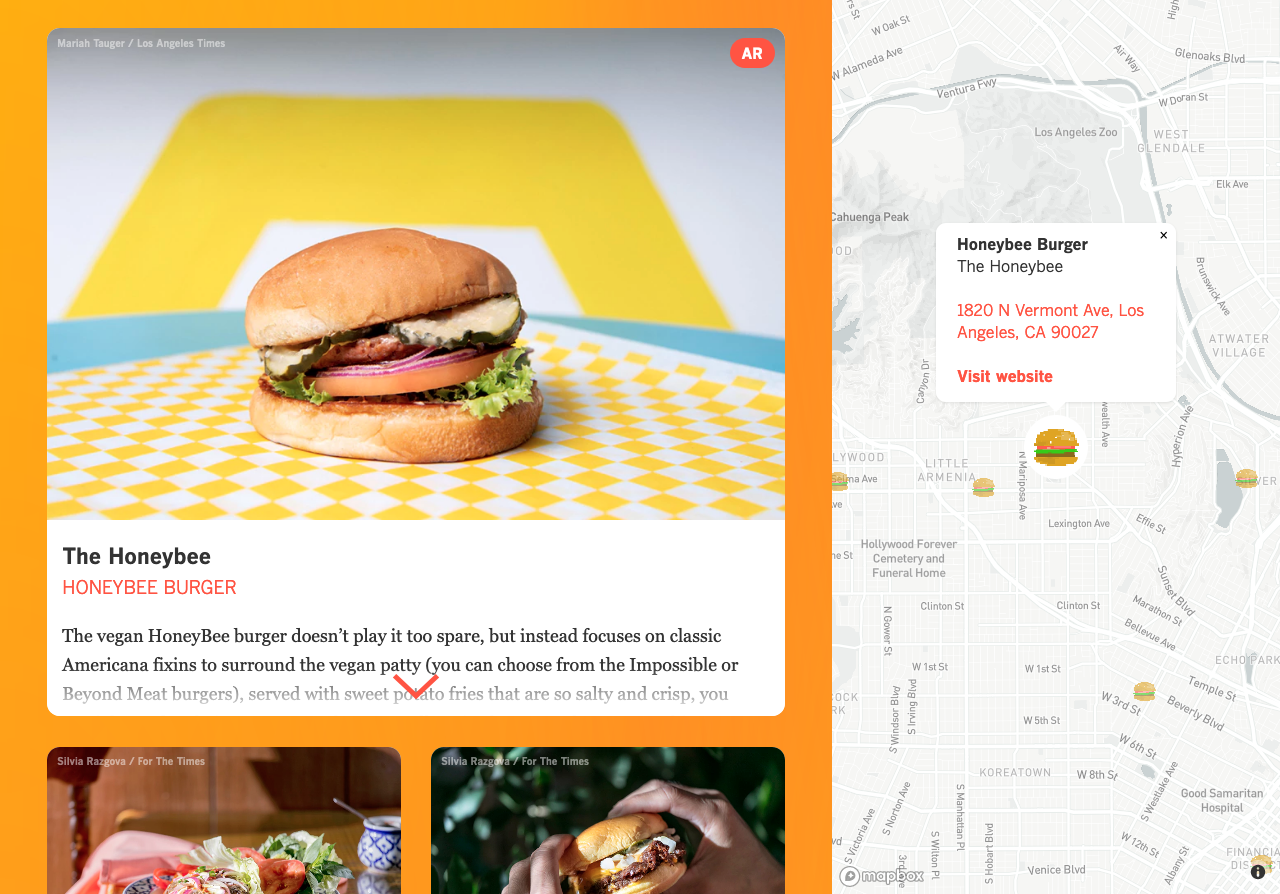 A screenshot of the augmented reality burgers project, showing Honeybee Burger.