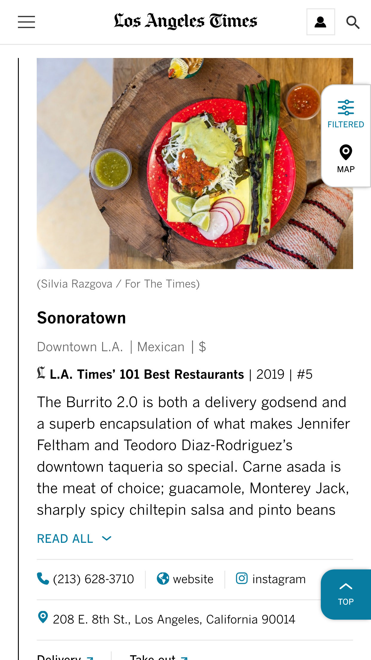 A screenshot of an L.A. Times POI List featuring the restaurant Sonoratown.