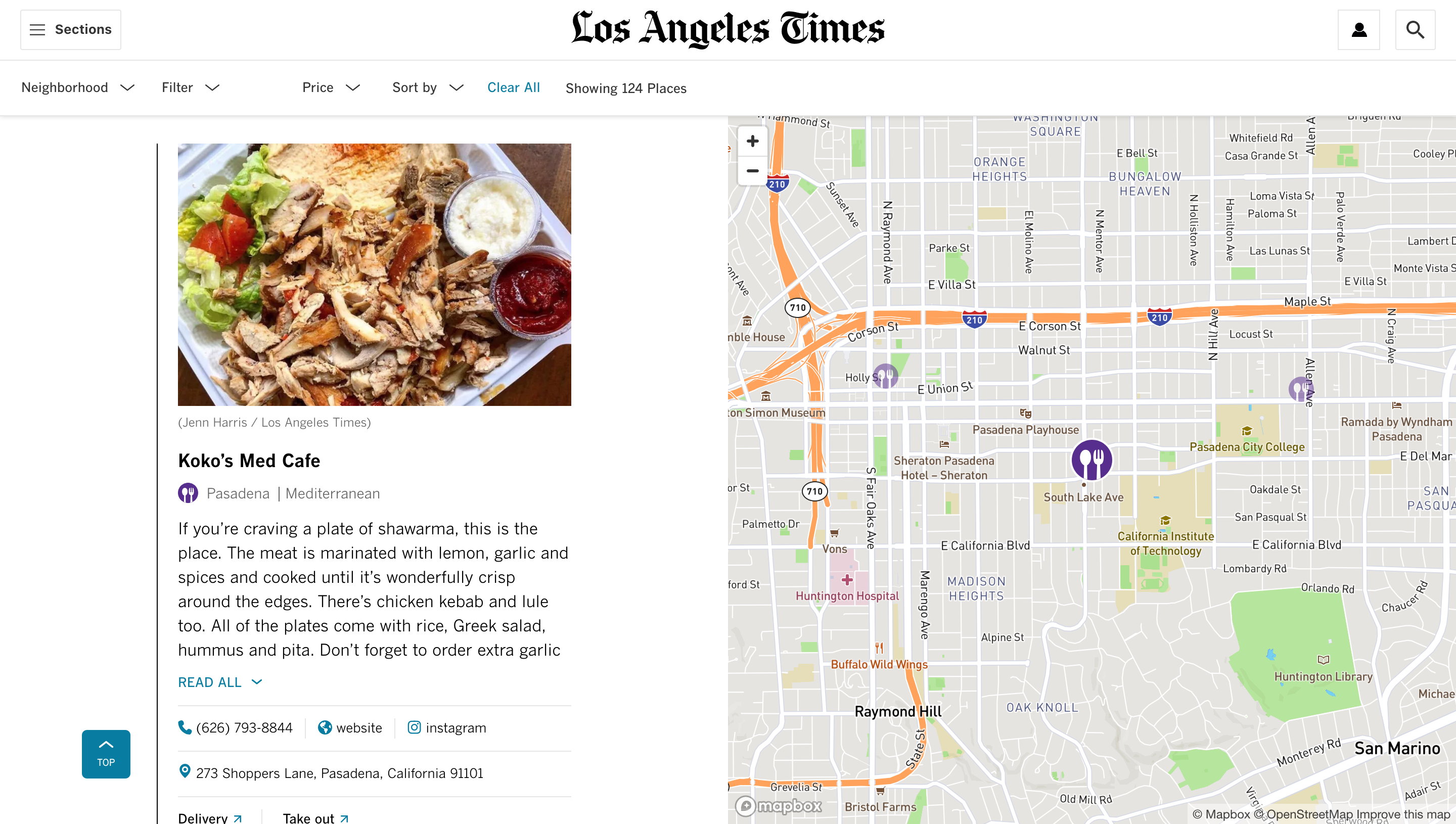 A screenshot of an L.A. Times POI List featuring the restaurant Koko’s Med Cafe.