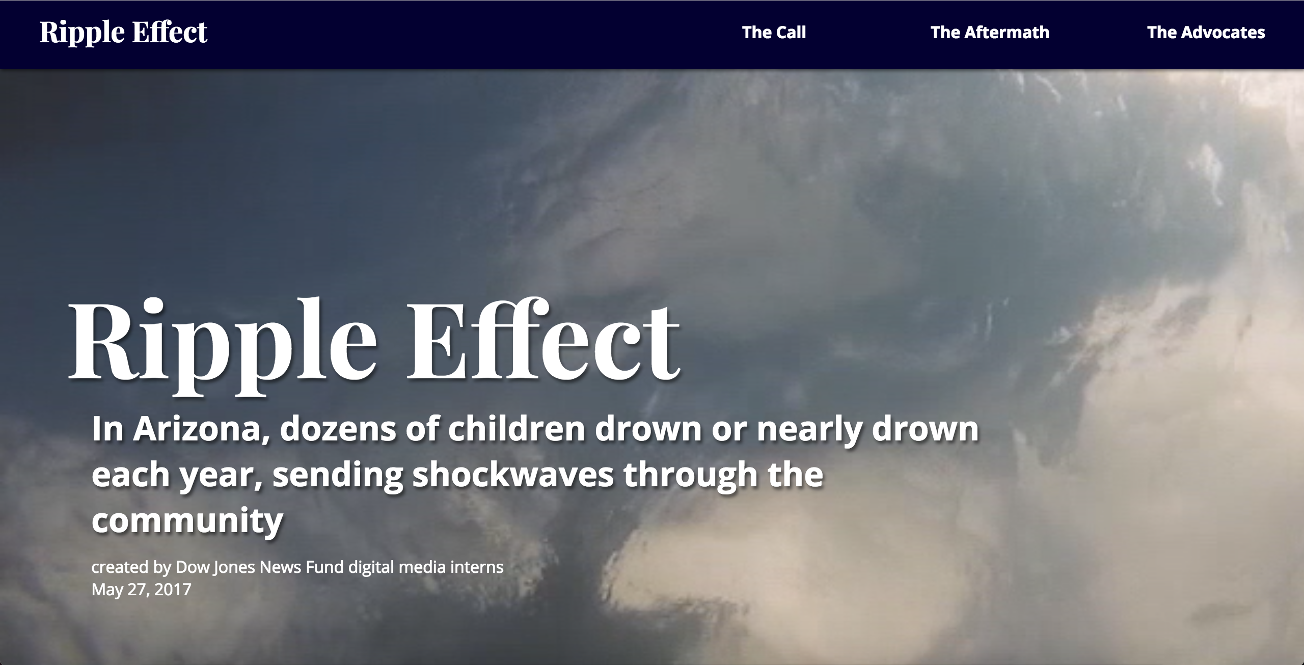 A screenshot of the top of the Ripple Effect site. The title text is overlaid on a rippling water background.