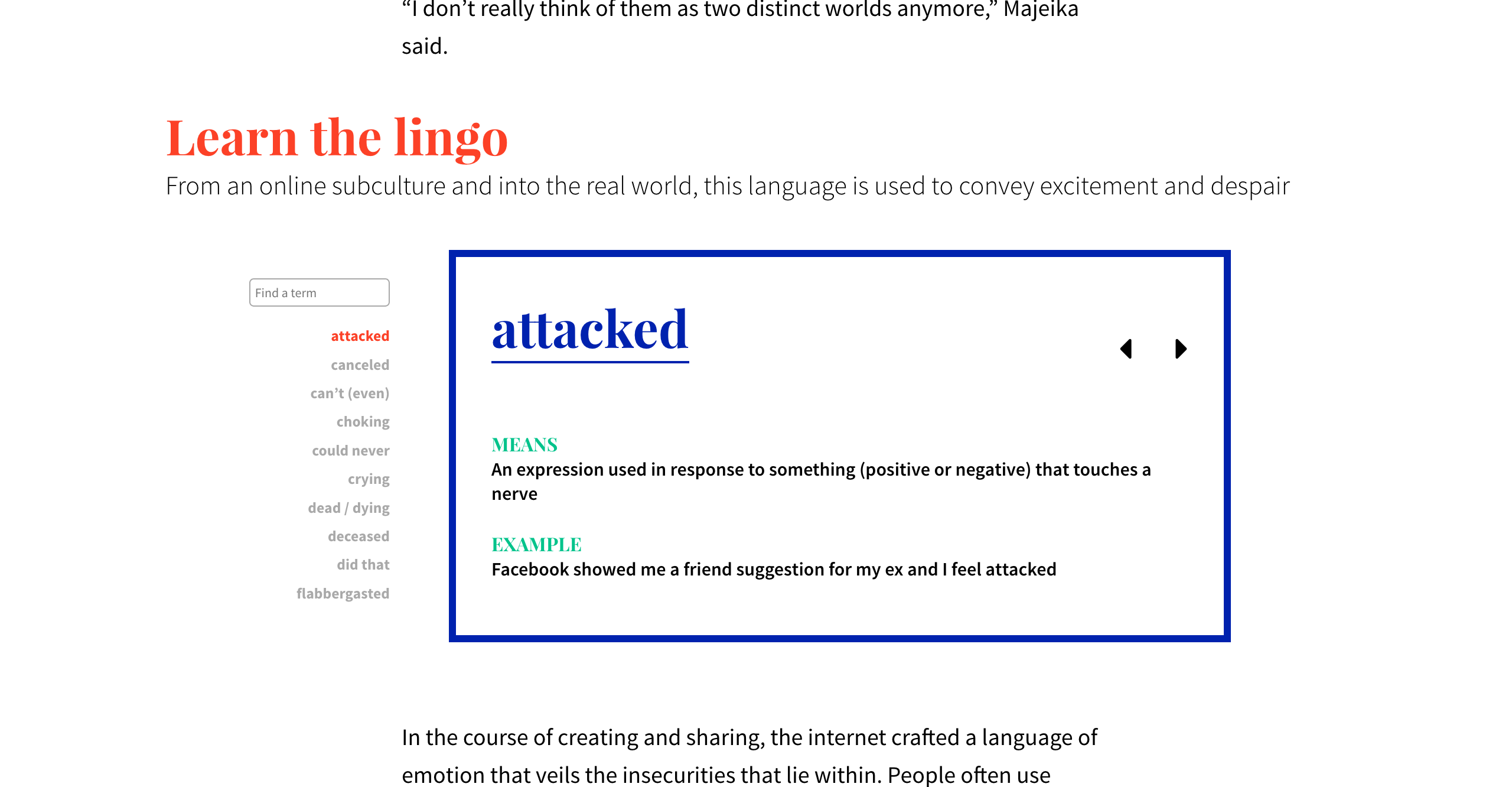 A screenshot of the “Learn the lingo” module on the Shook Beyond Words website. It enabled users to learn some internet lingo.