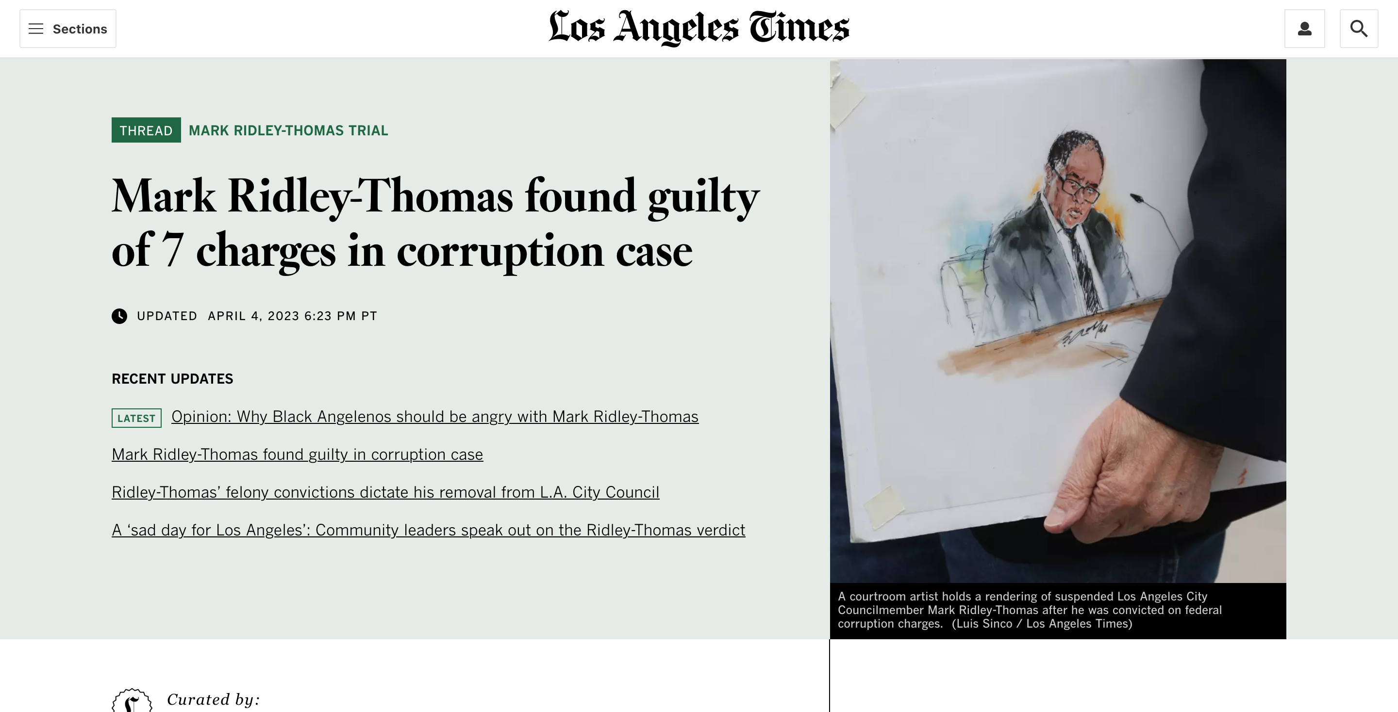 A screenshot of the Los Angeles Times website, showing a thread guide page with the headline ‘Mark Ridley Thomas found guilty of 7 charges in corruption case.’
