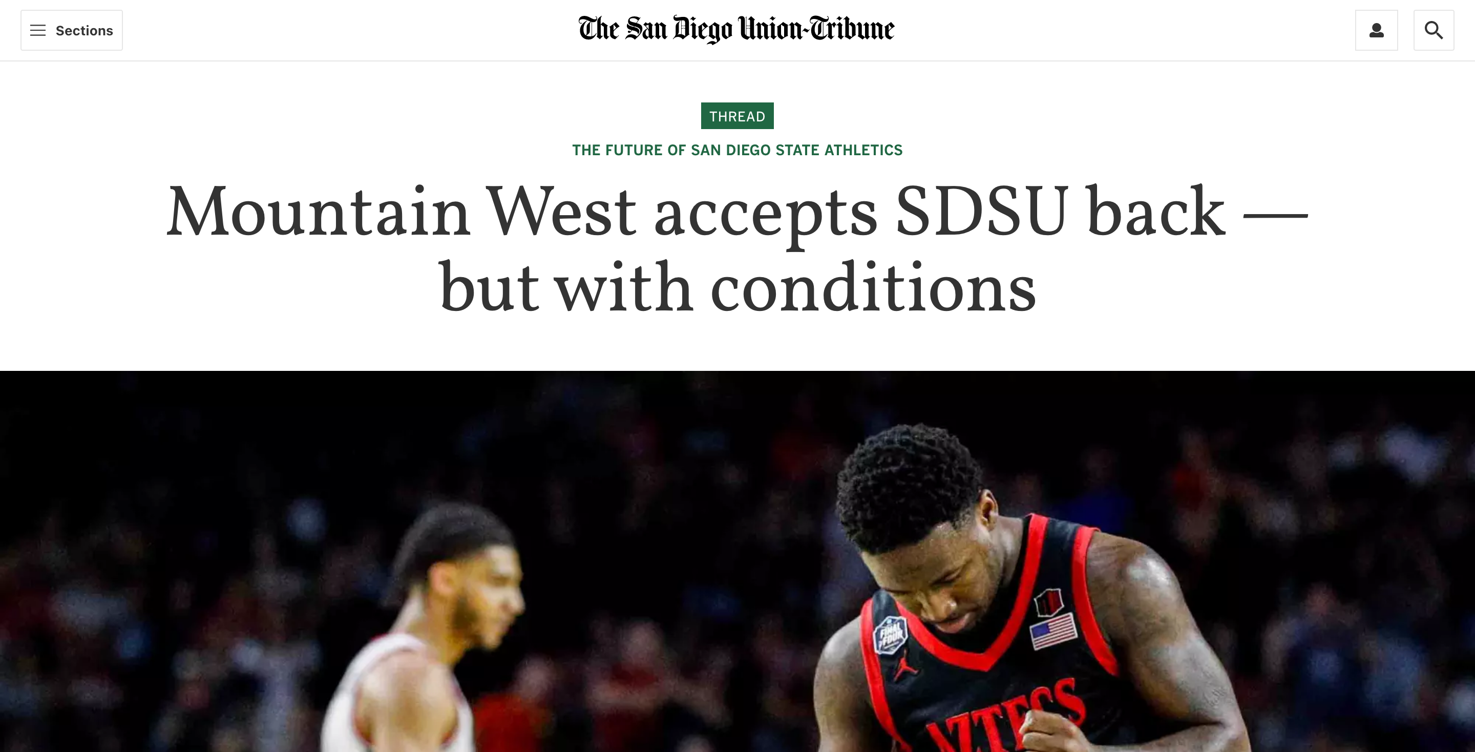 A screenshot of the San Diego Union-Tribune website, showing an article page with the headline ‘Mountain West accepts SDSU back — but with conditions.’ Above the headline is a thread badge linking to the thread guide page.